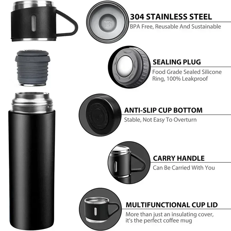500ML 304 Stainless Steel Vacuum Insulated Bottle Set Office Business Style Coffee Mug Thermos Bottle Portable Flask Carafe