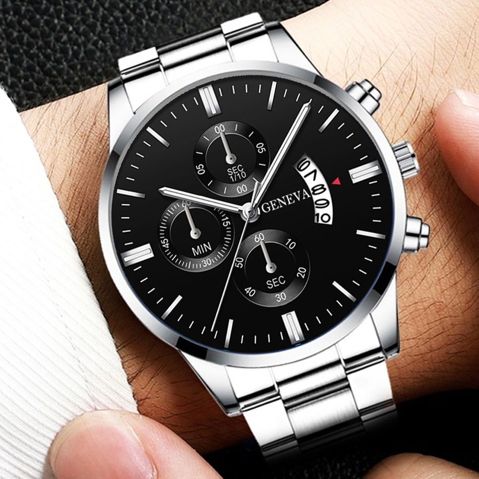 3 unids/set de reloj de pulsera de acero inoxidable a la para hombre, reloj de cuarzo con calendario informal, conjunto de joyería (sin caja)