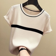 Shintimes Dunne Gebreide T-Shirt Vrouwen Kleding 2024 Zomer Vrouw Korte Mouw T-Shirts Tops Gestreept Casual T-Shirt Dames T-Shirt Femme