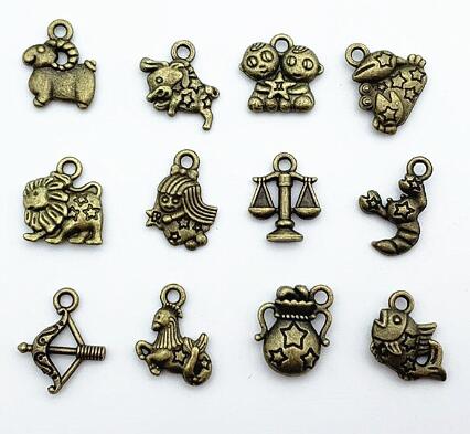 12 stück gemischtfarbige sternzeichen-anhänger aus zinklegierung mit tibetischen motiven, Ideal zum basteln von armbändern und halsketten.: Antike Bronze-