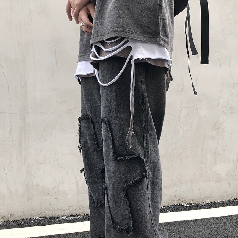 UNCLEDONJM Jeans Patch pocked cargo pants men jeans Hipster Casual Loose Punk Rock Trousers Pants ED937
