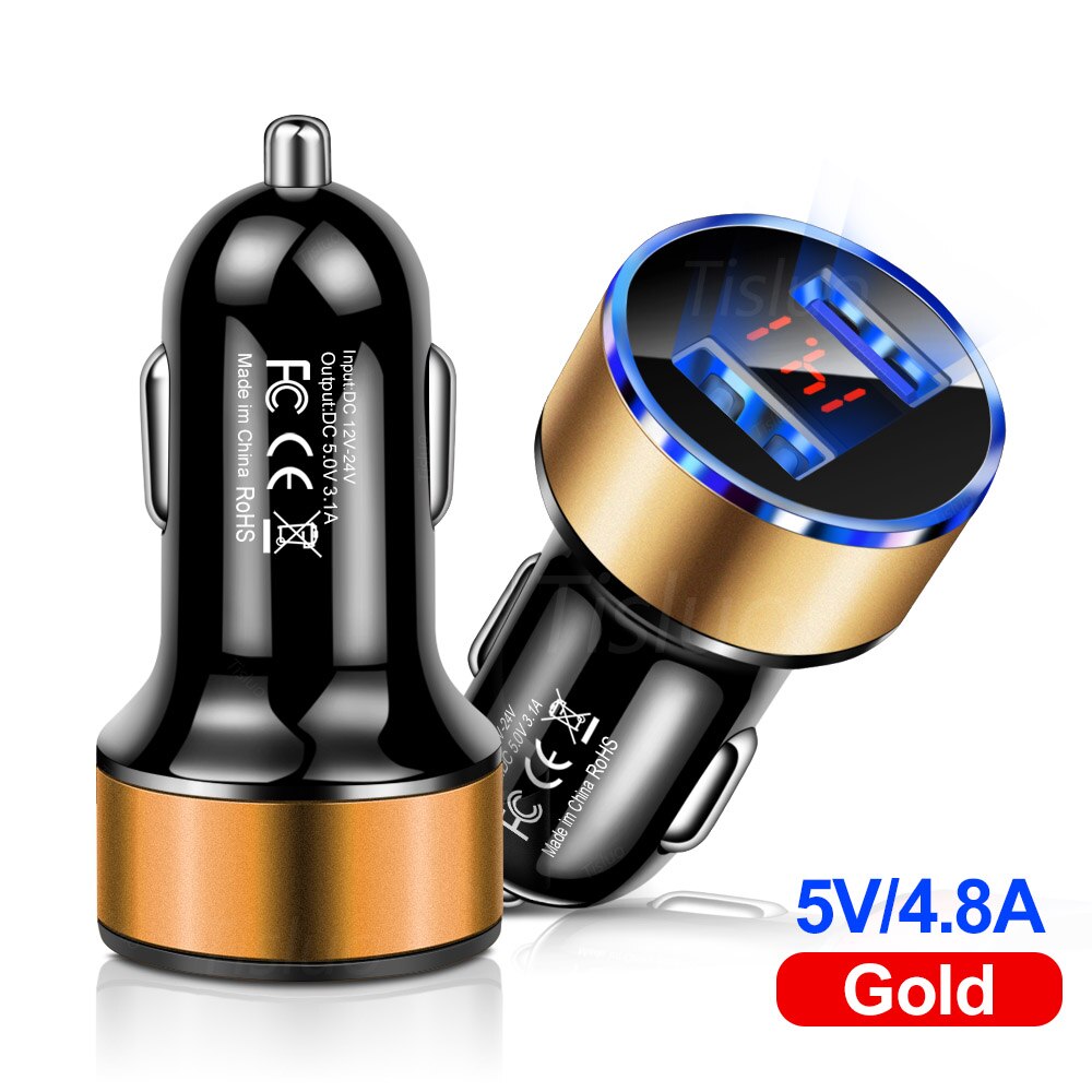 4.8A Car Charger Mobile Phone Fast Charging Adapter in Car with LED Display Quick Charge Universal Dual USB Car Charger: Gold