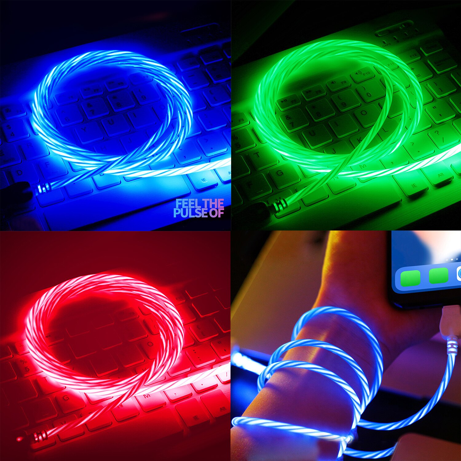 LED Charging Cable Visible Flow USB Charger Cable for HUAWEI Xiaomi Samsung Android Phone Data Cable Green / Red / Green 1m
