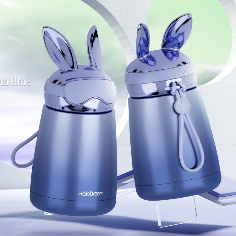 królik uszy próżniowe termos ze stali nierdzewnej student dzieci moda przenośna butelka wody pocisk 300ml odkryty kubek wody: Niebieski