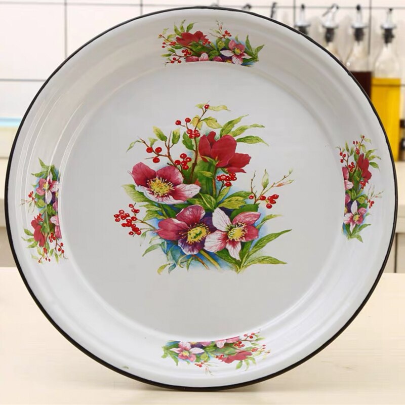 Plato grande de esmalte chino Vintage, plato de comida de fruta con patrón de rosa de girasol, contenedor, vajilla, utensilios de cocina