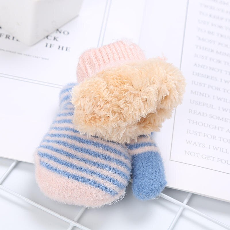 Wecute listrado bonito grandes olhos coelho dupla camada mais veludo quente luvas de inverno malha crianças luvas para meninos gilrs bebê