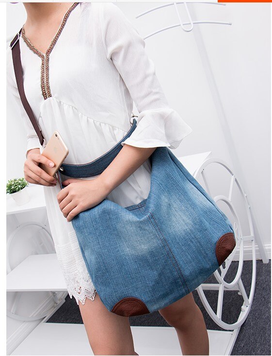 Bolso de mano vaquero de lona de gran capacidad para mujer, bolsa de compras de un hombro, , versión coreana, , Color sólido informal,