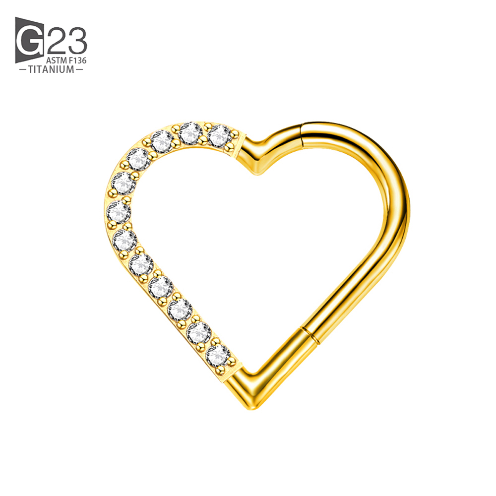 ASTM F-136 anneau de nez en titane Daith coeur boucle d'oreille cerceau Cartilage Tragus D forme Helix anneaux articulé Segment cerceau avec CZ clair: Black / Zinc blanc bleu plaqué