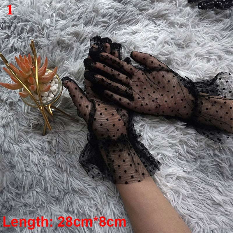 Female Gloves Transparent Dot Tulle Fishnet Gloves Black Bow Wrist Length Bridal Gloves Finger Short Mittens Wedding Accessories: 1