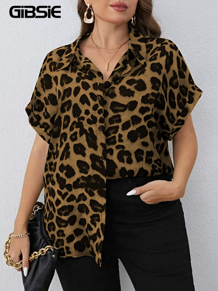 Gibsie plus size kvinder kortærmet skjorte all-match leopardprint top dame løs afslappet strandferie bluser med knapper