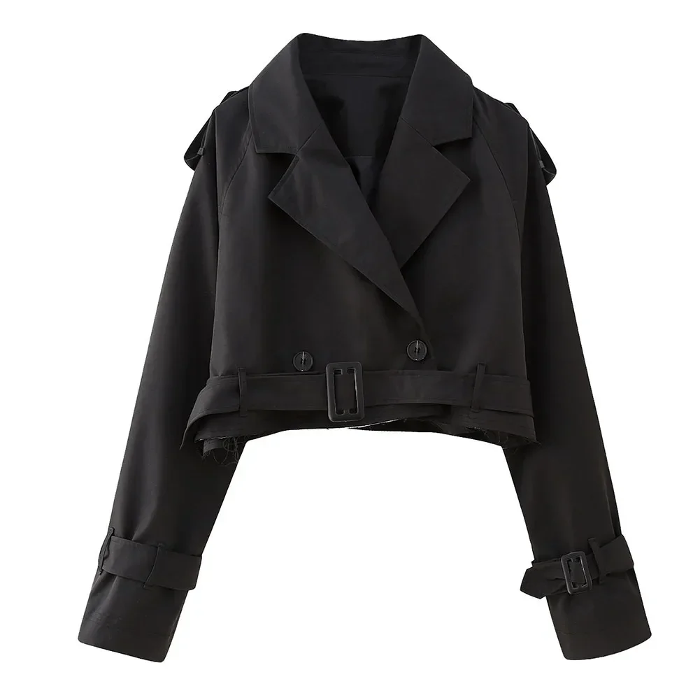 Dames cropped blazers jassen herfst elegante vintage effen kleur lange mouw dubbele rij knopen trenchcoat met riem: M / Black