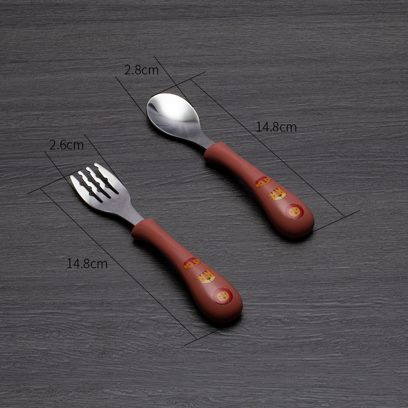Juego de cuchara y tenedor para bebé, cubiertos de acero inoxidable de seguridad para alimentación de niños, utensilio de dibujos animados, vajilla infantil, 2 piezas: Orange-bent