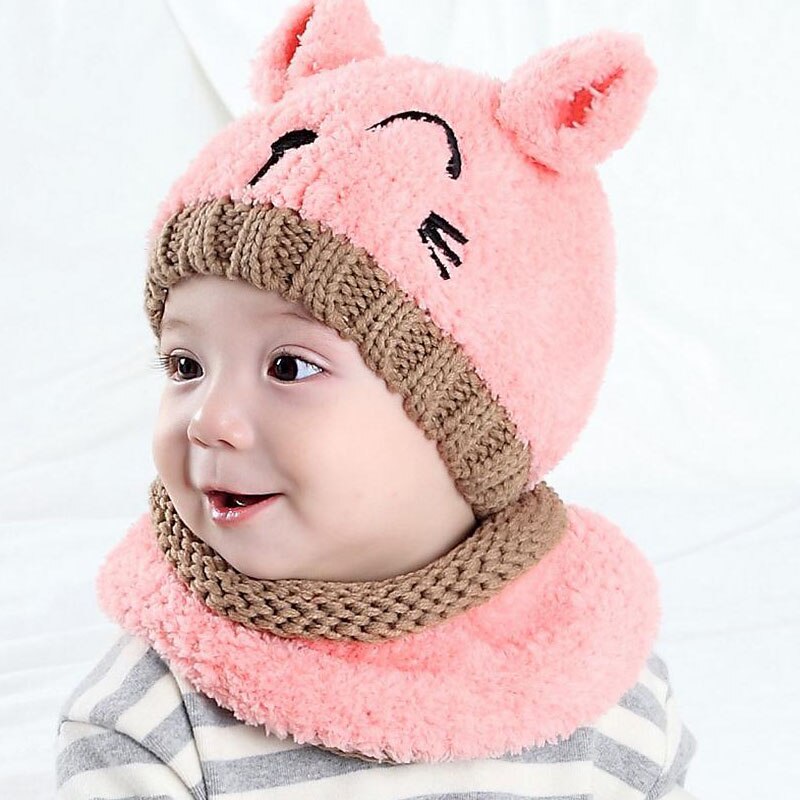 coreano dos orejas oso pequeño niños tejidos sombreros Invierno 2 uds piel bebé niña bufanda conjunto de 6 meses-3 años MZ4161: Rosa