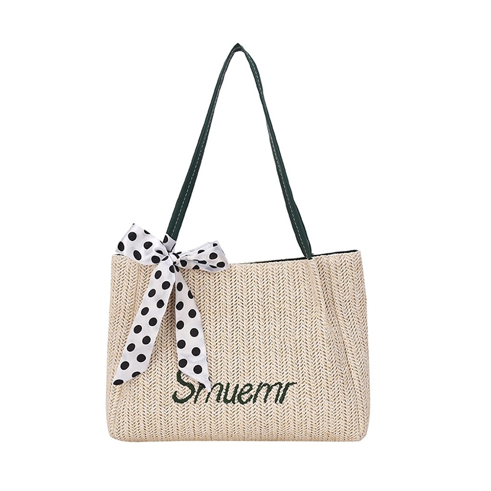 Retro Women Handbags Straw Woven Silk Ribbon Large Shoulder Tote Shopping Bags for Women Ribbons Handbag Female Travel: Green Letter