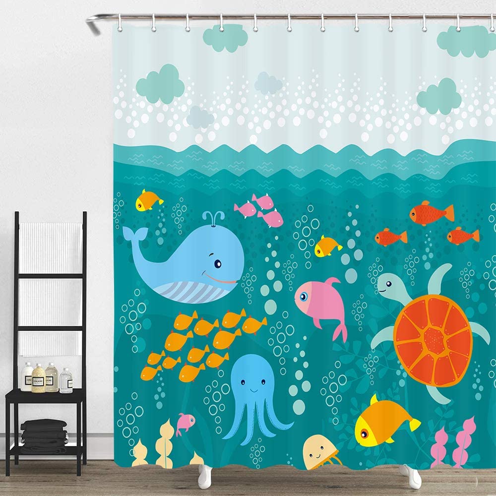Tenda da doccia per bambini Teal Cartoon Cute Whale Turtle Fish tessuto blu con ganci tende da bagno impermeabili in poliestere per bagno