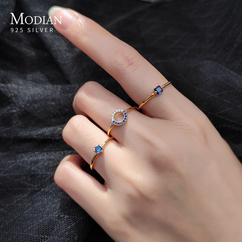 Modian Brands Water Round Square Blue Crystal Opening 925 Sterling Silver Ring for Women Korea Style 3 Style Fine Jewelry