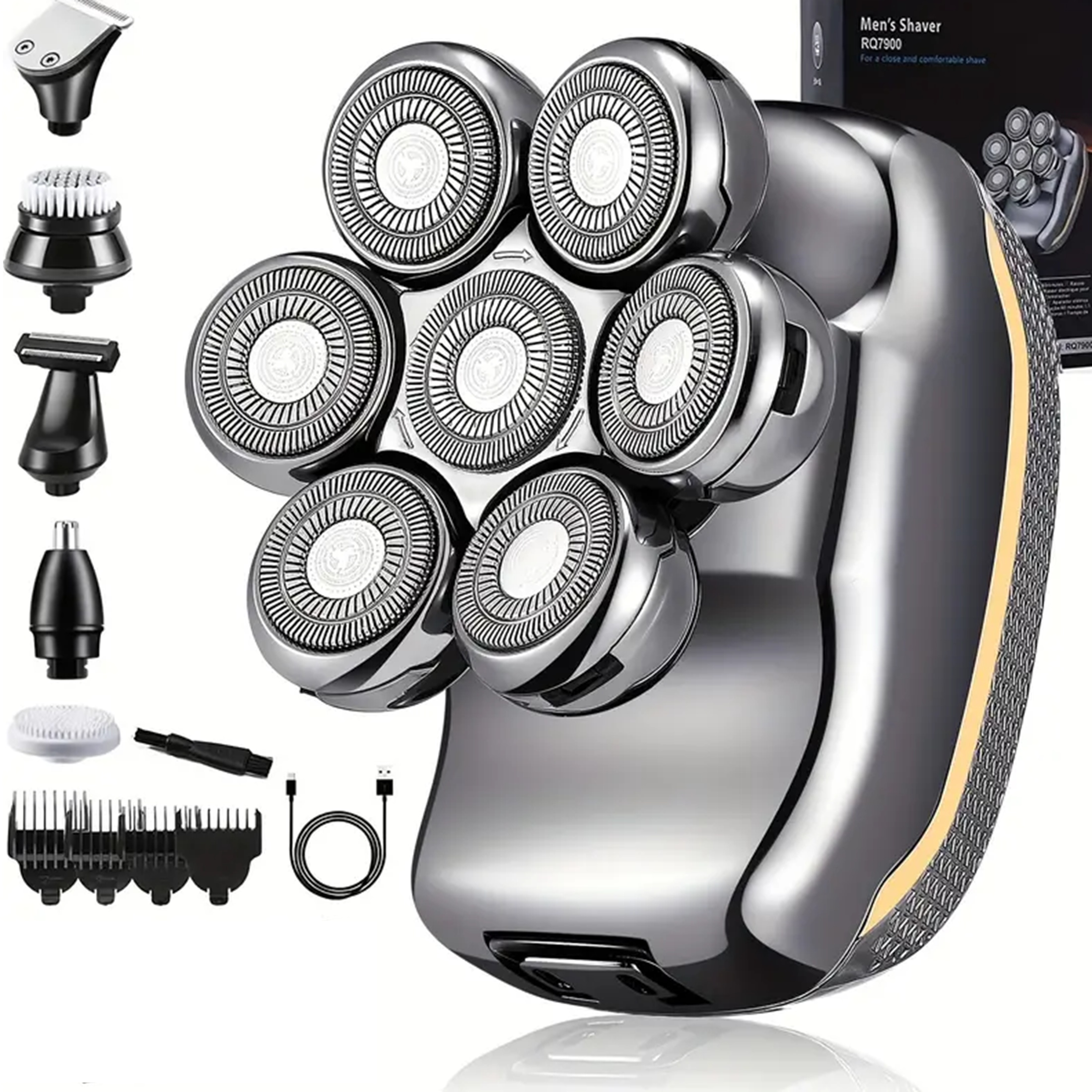 7 rasoi rasoio elettrico impermeabile da uomo barba rasoio elettrico macchina da barba calva ricaricabile.: nero