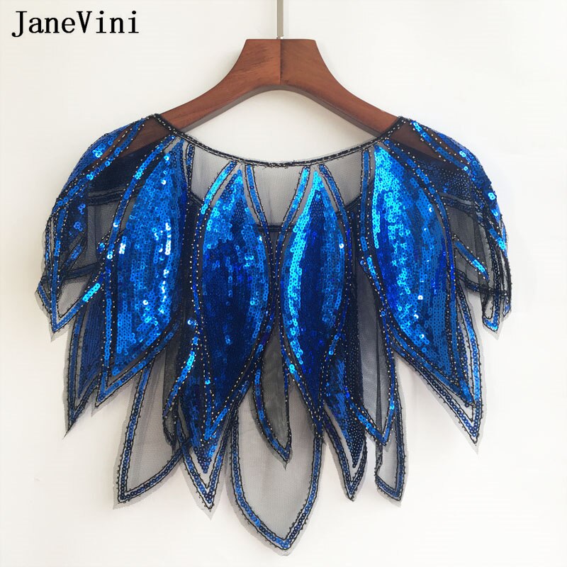 JaneVini – Veste boléro De Mariage bleu Royal, paillettes dorées, en Tulle, châle De fête, Cape De mariée