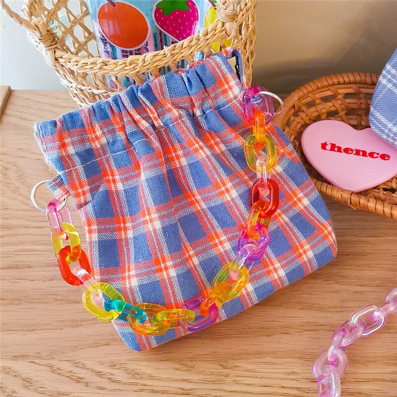 Milkjoy monedero Kawaii a cuadros con cadena colorida, pequeño bolso de almacenamiento de cambio de gran capacidad, portatarjetas, estuche organizador, estuche de embrague: Colorful Chain