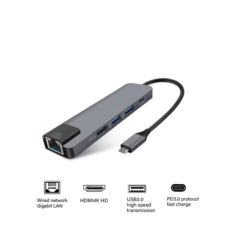 5 in 1 usb type c hub hdmi 4k usb c hub til gigabit ethernet  rj45 lan adapter til macbook pro thunderbolt 3 usb-c opladerport