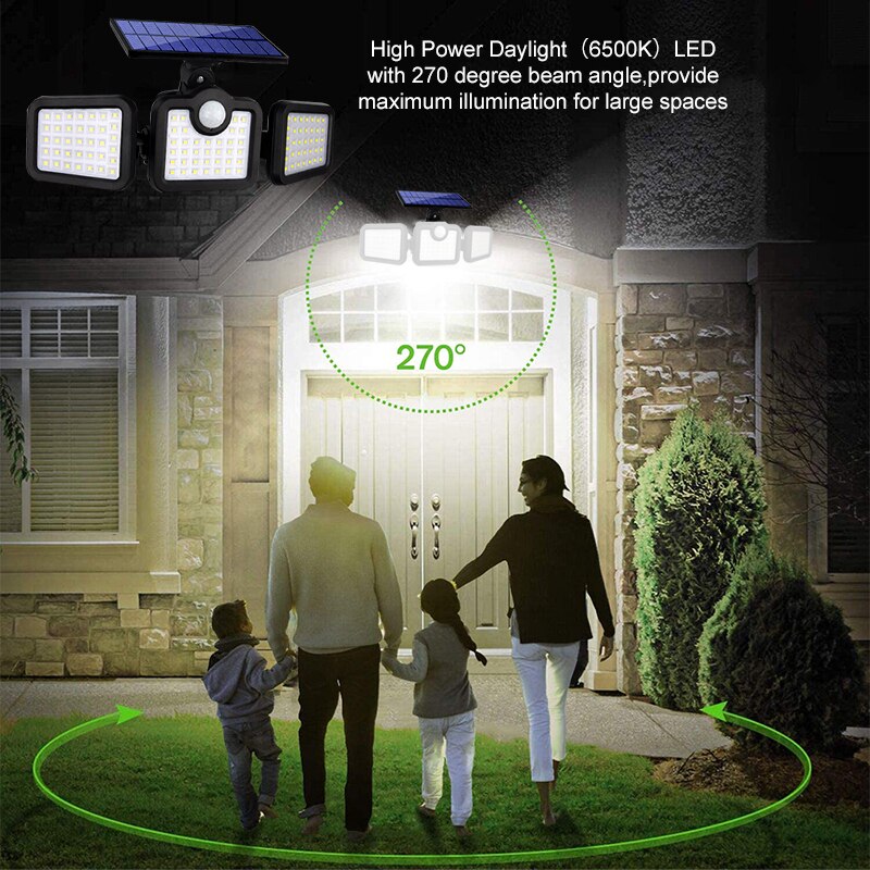 Solar LED Light Outdoor 108 LED 3 Head Motion Sensor Remote Control Lamp 270 Wide Angle Illumination Wall lamp Flood Lights