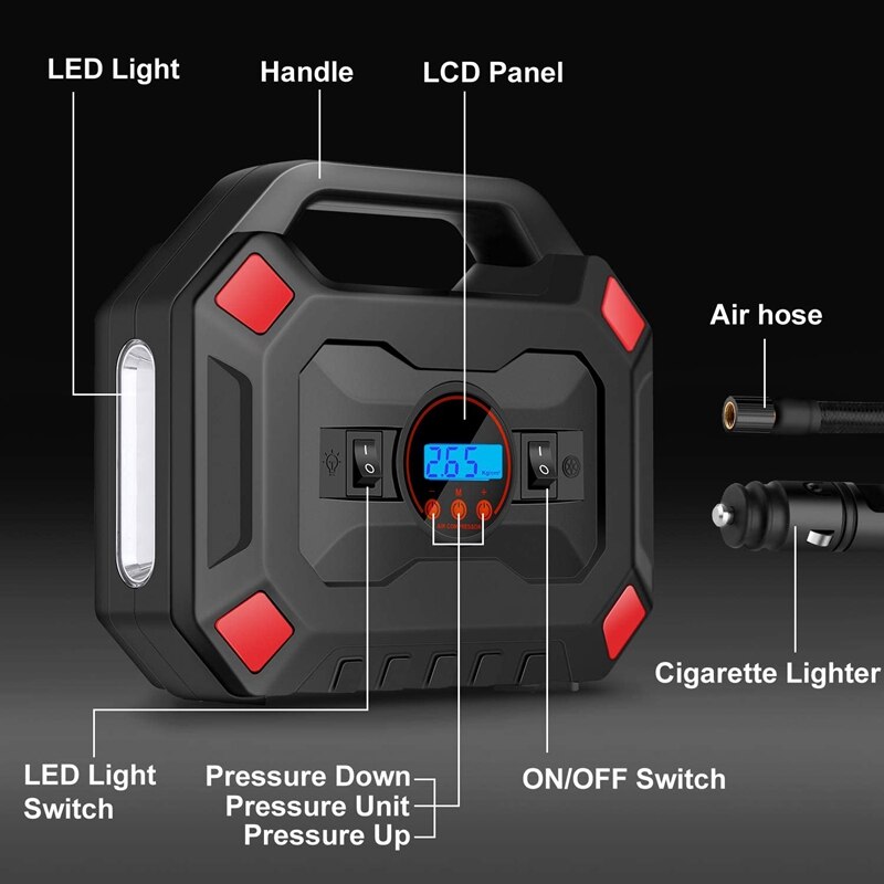 Draagbare luchtcompressor bandenpomp 12v slimme digitale luchtpompen met led-lampjes voor auto, motorfiets en paddleboard voor buiten