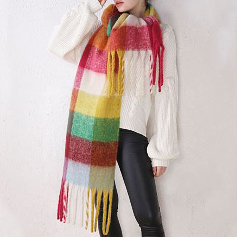 Sciarpa arcobaleno da donna sciarpa scialle scozzese multicolore in cachemire imitazione ispessita in autunno e inverno per fissare al caldo in inverno: 03