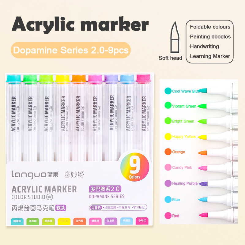 Languo-marcador de pintura acrílica de 9 colores, cabezal Flexible, colores brillantes para garabatos, dibujar, escribir a mano, suministros de arte, papelería