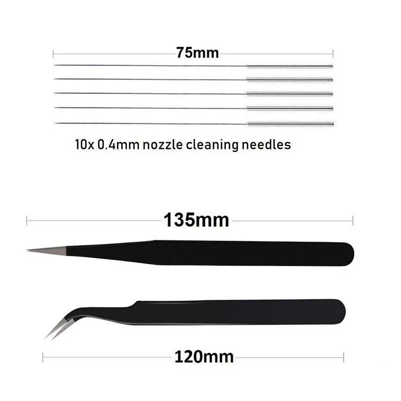 3D Printer Nozzle and Nozzle Cleaner 1.75/0.4 mm Print Head MK8 Nozzle + 10 Needle Cleaning + 2 Anti Static Tweezers