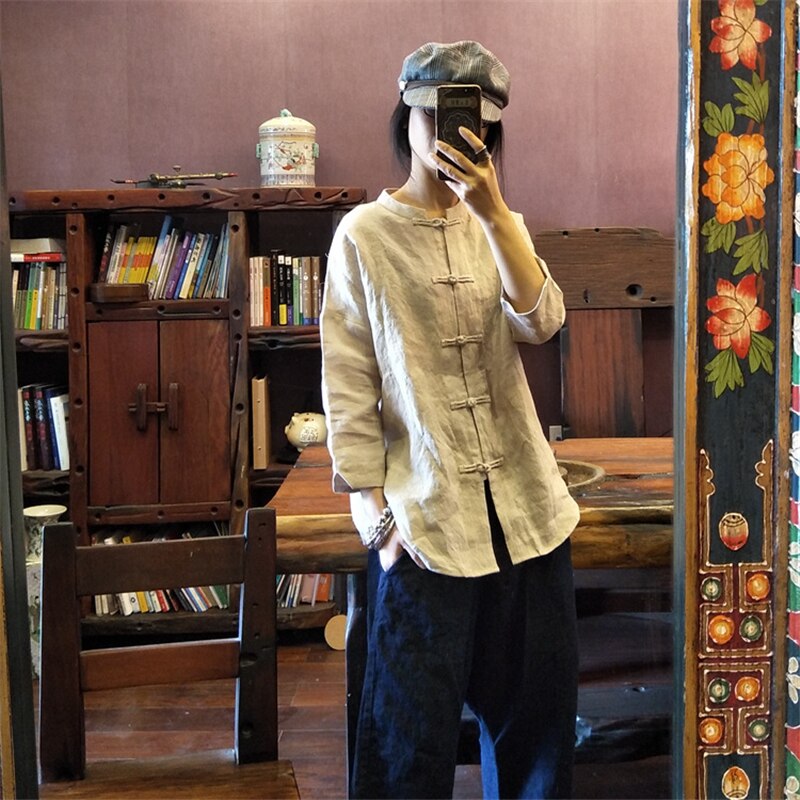 Tang Suit for Ladies Summer Chinese Retro Style Thin Flax Long Sleeve Soft Solid Color Cardigan Tops Casual Clothing