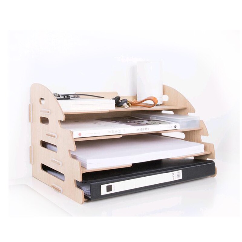 Diy træ håndlavet skrivebord arrangør kontor skoleartikler skrivebord tilbehør arrangør 4 lag arkfad bogholder