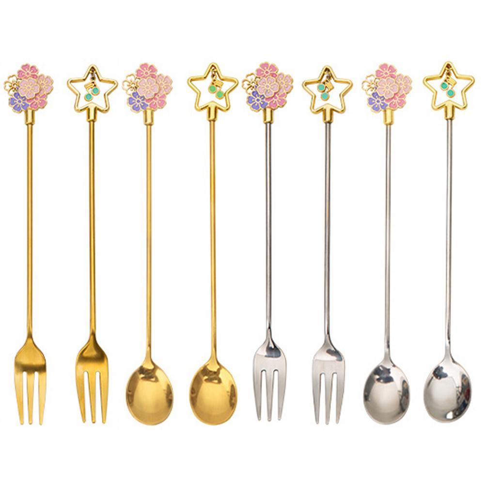 Cuillère à Dessert en acier inoxydable, fourchette en forme de fleur de cerisier cuillère à Dessert fourchettes à fruits cuillère à remuer pour café vaisselle accessoire de cuisine 1 pièce