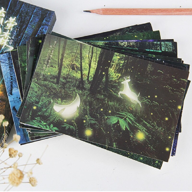 Cartão postal bonito presente de natal kawaii presente de aniversário mensagem bênção cartão luminoso artesanato pintados à mão arte desenho: Firefly Forest