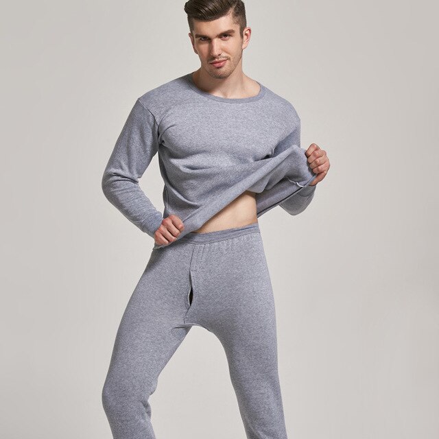 Men's Thermal Underwear Double Layer Plus Velvet Thick Thermal Underwear Large Size 4XL For Russian and Canadian Men Keep Warm: Gray / XL