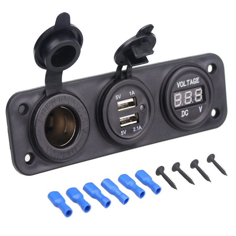 Motorfiets Autolader Plug Dual Usb Adapter + 12V/24V Sigarettenaansteker Blauwe Led + digitale Voltmeter Mobiele Telefoon