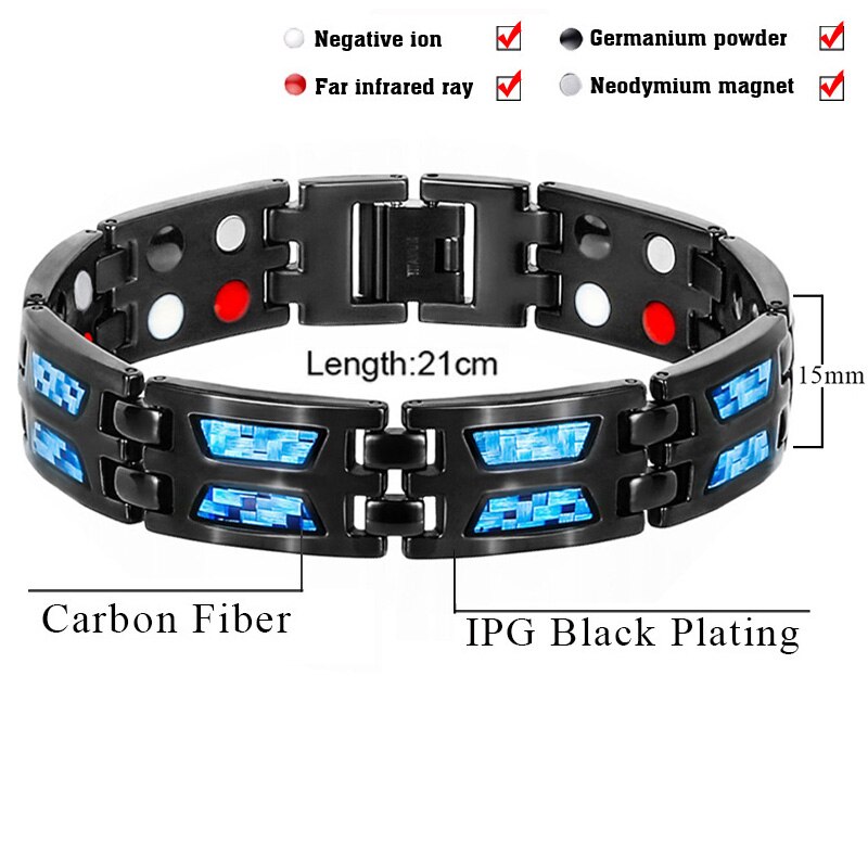 Mens Black Magnetische Armband Roestvrij Staal Energie Germanium Mannen 4 In 1 Armbanden Hand Chain Blue Carbon Fiber Hologram Bangle: 5