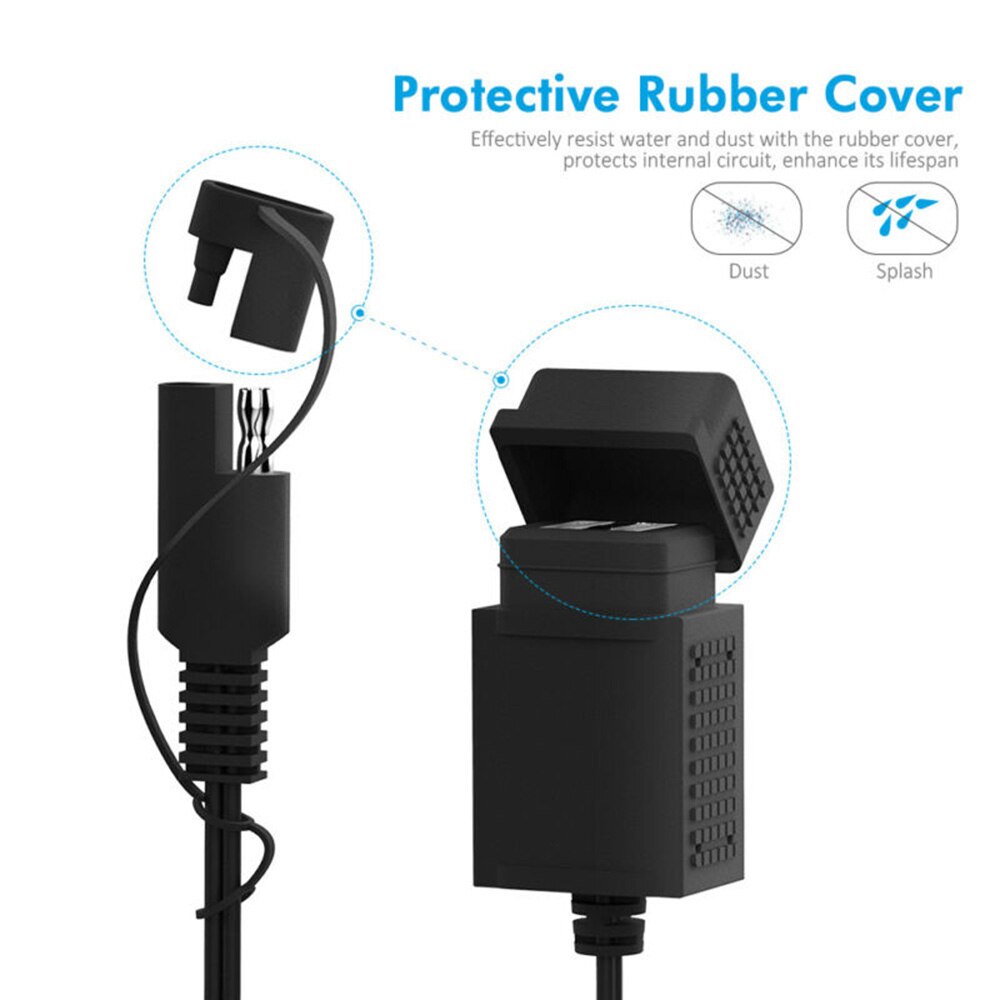3.1A Motorcycle SAE Cable To 2 USB Adapter Weatherproof Charger Socket Durable And Practical