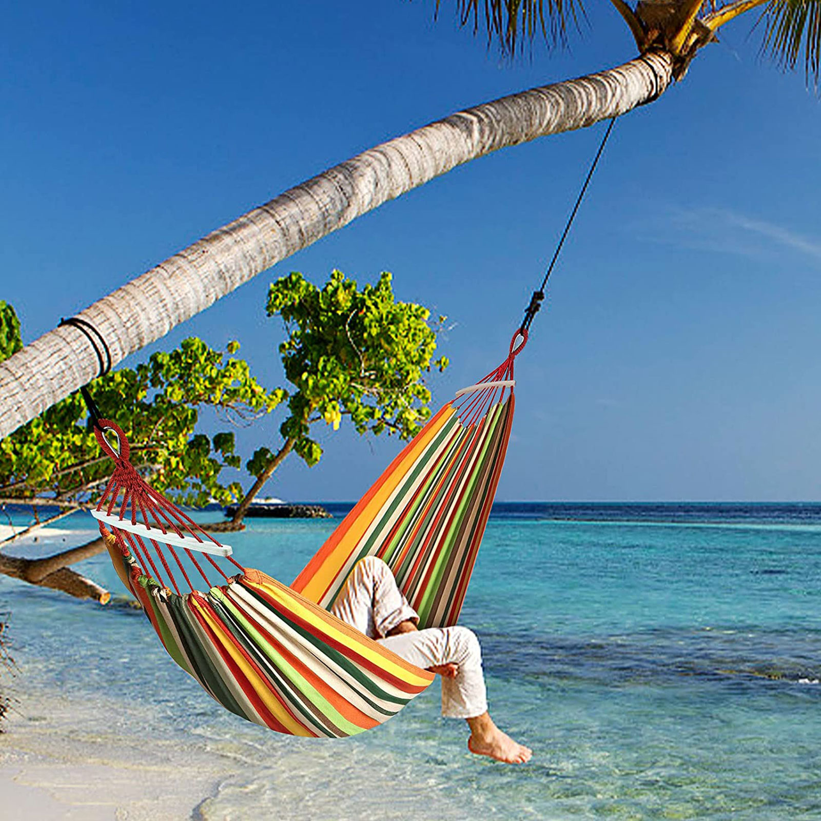 Double Hammock 2 Slings Included Hanging Camping Swing Bed for Kids Adults Lazy Hammock Swing for Patio Park Porch Garden