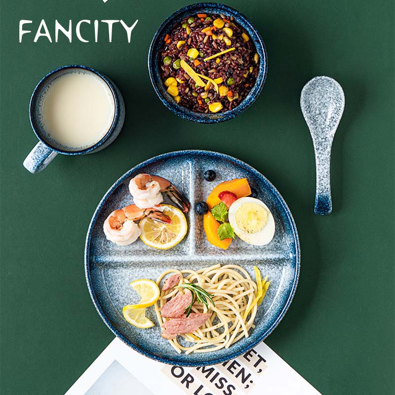 FANCITY Japanese-style divided plate ceramic dinner plate divided meal system household one-person food dividing plate adult tab