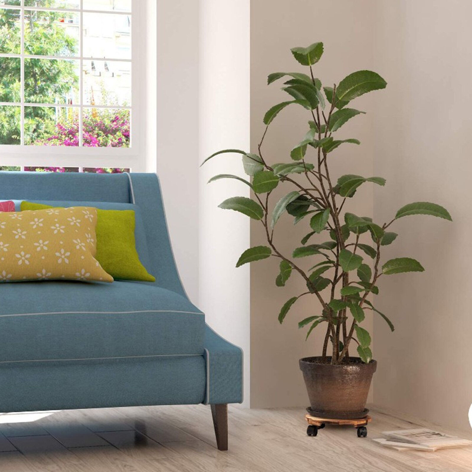 Wood Plant Stand Indoor Planter Caddy Round/Square Flower Pot Mover Trolley Plant Caddy Stand Wheels Rolling Outdoor Dolly