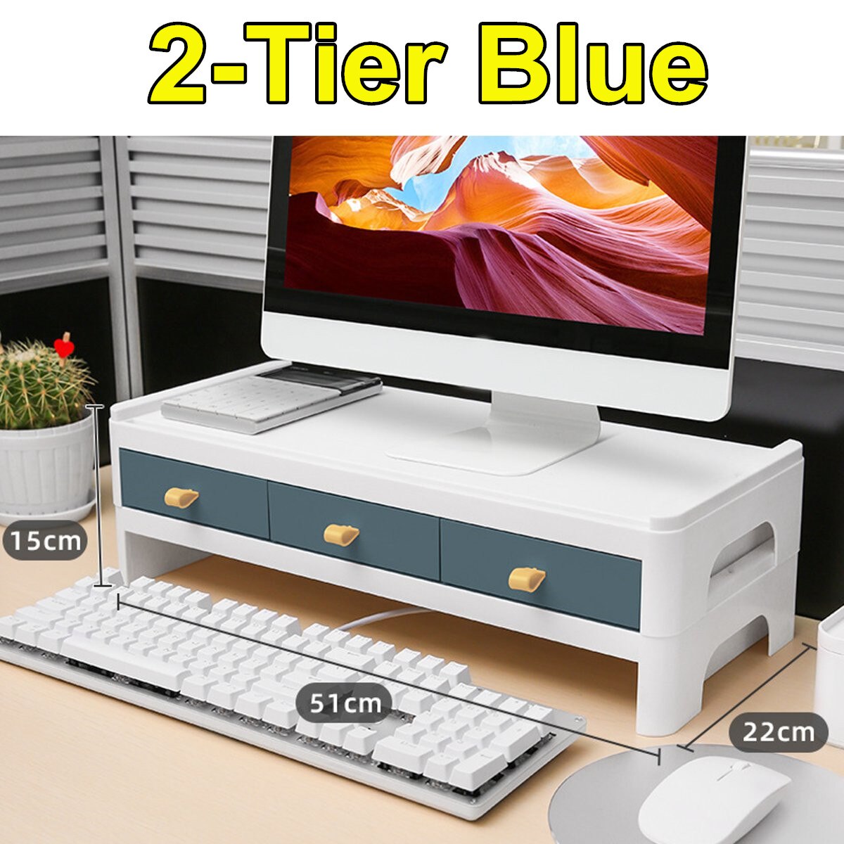 2Tiers Monitor Riser Stand Desk Shelf with Drawer Keyboard Storage Stylish White Pen-Books Stationery: 3