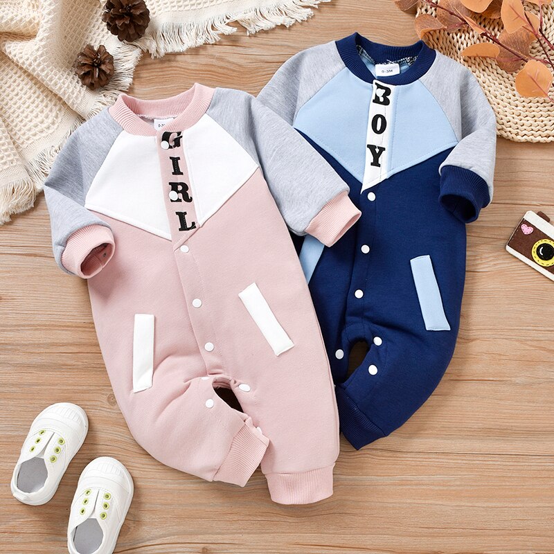 Baby Baby Meisjes Jongens Winter Jumpsuit Lange Mouwen Ronde Hals Button Down Patchwork Romper