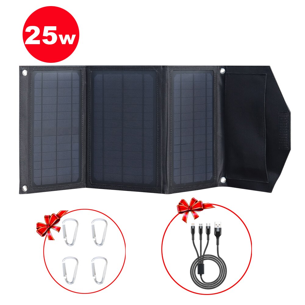 solar panel 5v USB folding foldable protable solar cell charger 15w 25w for mobilephone powerbank light camping outdoor hiking: 25w black
