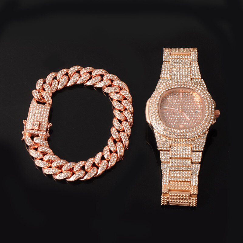 13 MILLIMETRI 3pz di Rosa Collana in Oro + Orologio + Del Braccialetto anca salto miami frenare Catena Cubana ghiacciato fuori Pavimentato strass CZ Bling per Gli Uomini Dei Monili