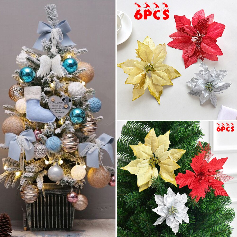 Set Van 6 Grote Poinsettia Glitter Wit Op Kerstboom Decoraties Kunstmatige Kerst Bloemen Glitter Nep Bloemen