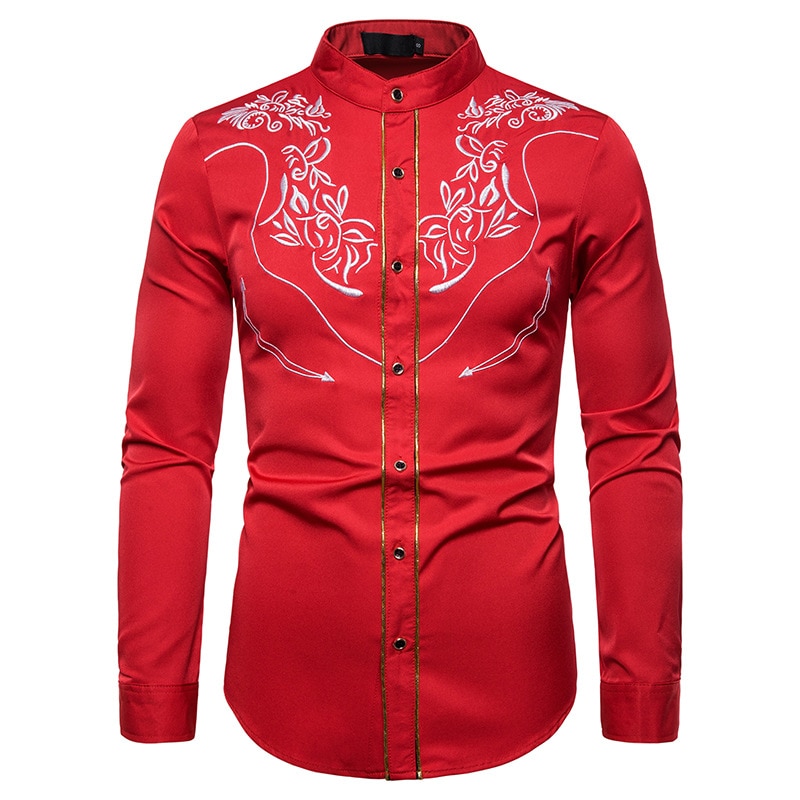 CYXZFTROFL Men's Western Cowboy Embroidered Shirt Casual Henry collar Button Down Shirts Slim Fit Long Sleeve Shirt