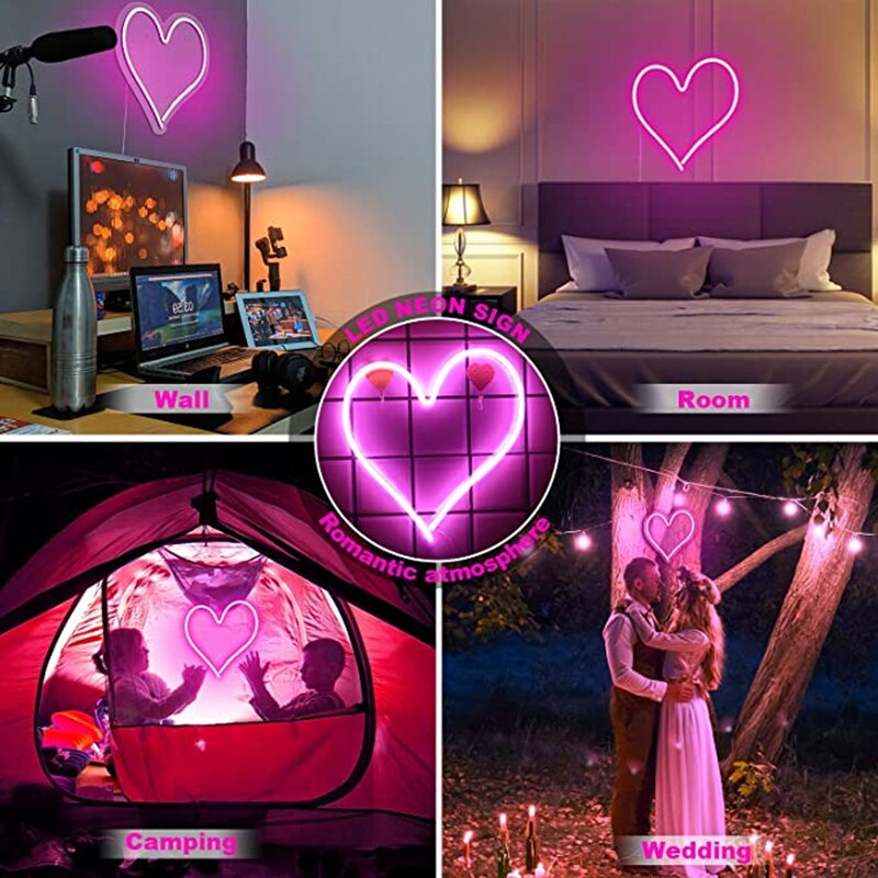 Heart Shape Neon Sign Wall Hanging Neon Light for Wedding Bedroom Home Party Decor Bar Light USB Powered Valentine's Day
