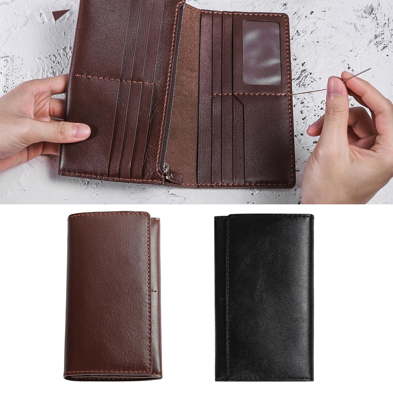 Handmade Leather Craft Purse Wallet Complete Kit, DIY Leather Long Bifold Wallet Kits for Men Women - 2 Colors Black/Brown
