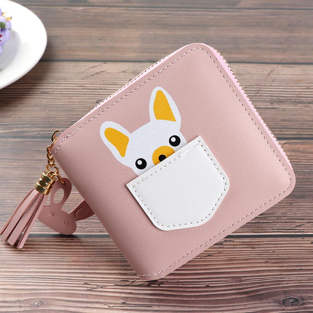 Korte kwastjes dames portemonnees schattige kleine portemonnee cartoon hond dier korte portemonnee met rits rond dames clutch kaarthouder: Lichtroze