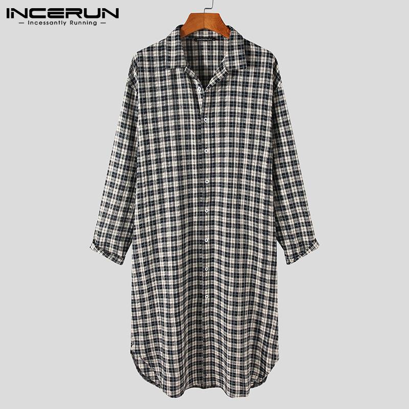 INCERUN Men Plaid Robes Turn Down Collar Long Sleeve Button Bathrobes Loose Comfortable Leisure Men Dressing Gown Homewear S-5XL